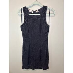 Vintage Laurence Kazar Womens S Mini Dress Beaded Silk Black Zipper Slit Formal